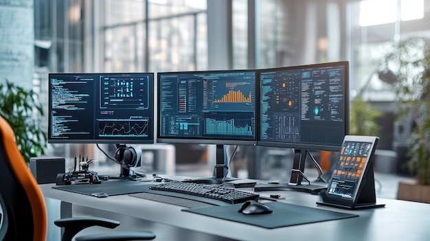 Stazione di lavoro moderna per programmatori con tripli monitor che visualizzano dati di codice e grafici tablet e periferiche