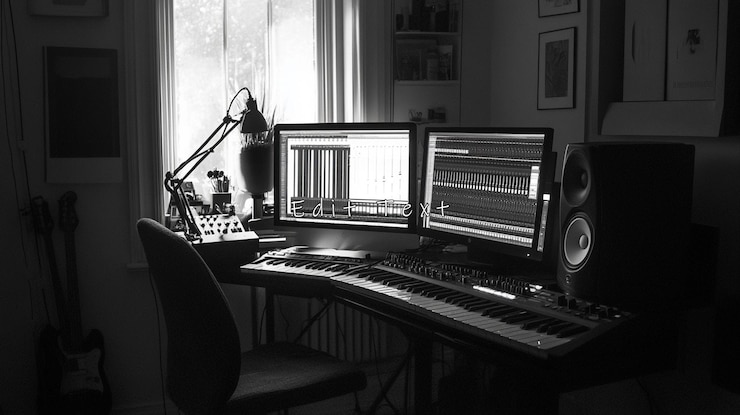 PSD stazione di lavoro monocromatica in studio musicale con doppio monitor, tastiera e altoparlante