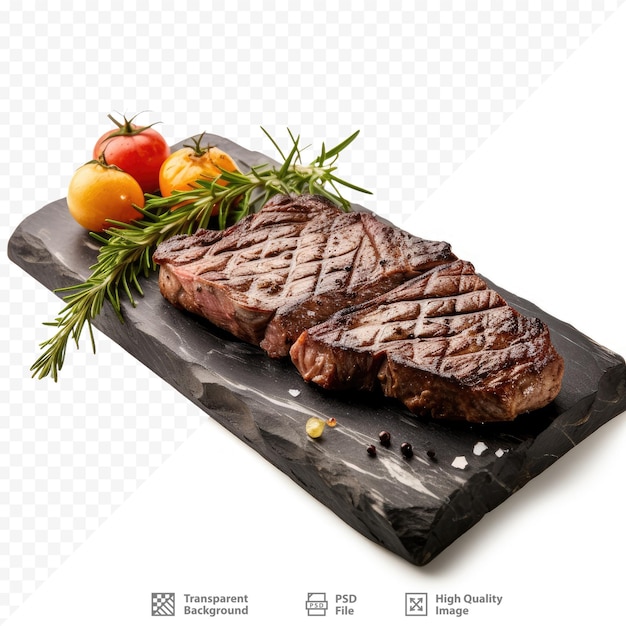 PSD un steak et une assiette de légumes avec une photo de légume dessus.