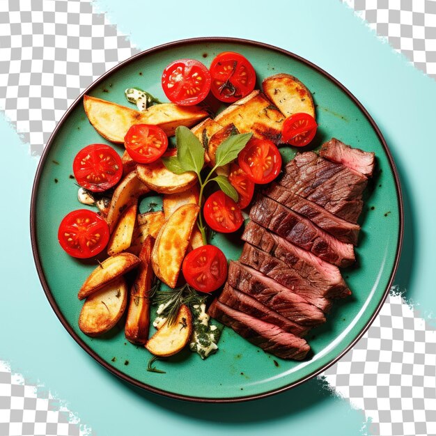 Un Steak De Bœuf Grillé Avec Des Chips De Pommes De Terre, Des Tomates Cerises Fraîches Et Des Piments épicés Sur Un Fond Transparent Noir