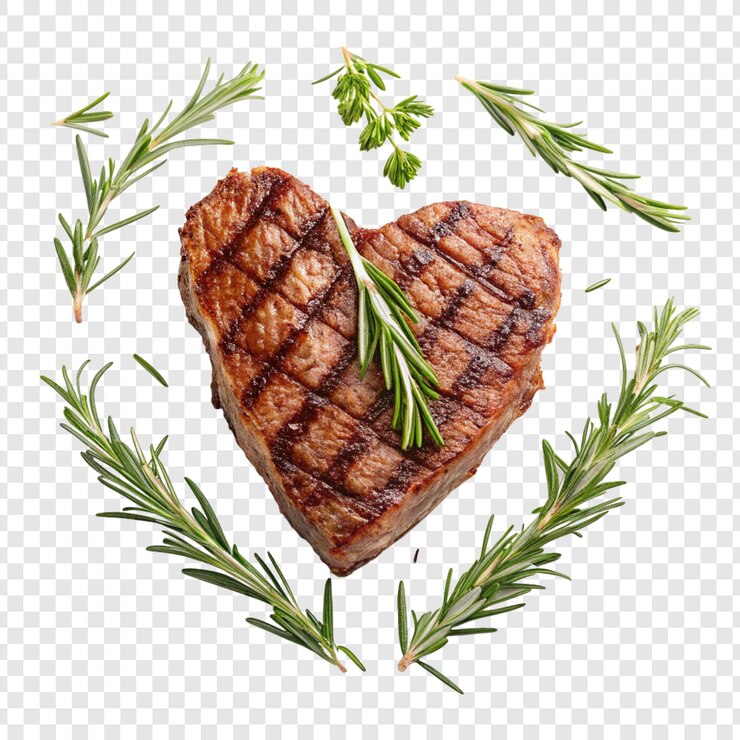 PSD steak grillé en forme de cœur avec du romarin
