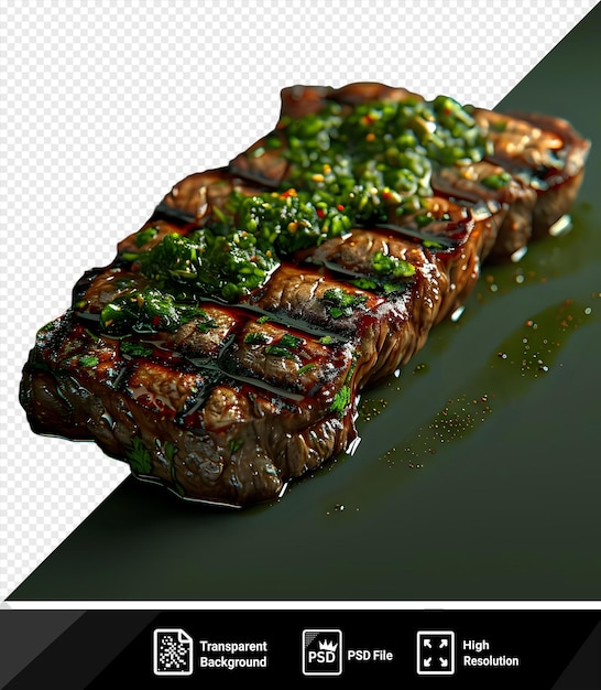 PSD un steak juteux avec de la sauce chimichurri sur une table noire.