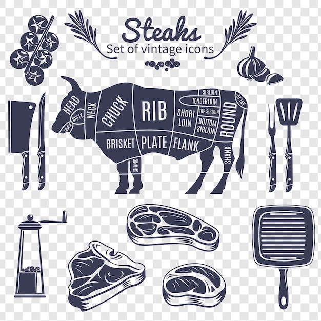 Steaks Vintage Style Set isoliert auf durchsichtigem Hintergrund