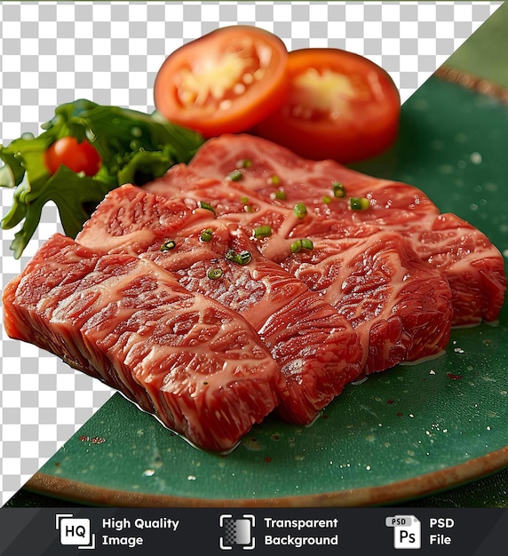 PSD steaks yakiniku psd transparents de haute qualité surmontés de tomates rouges tranchées sur une assiette verte