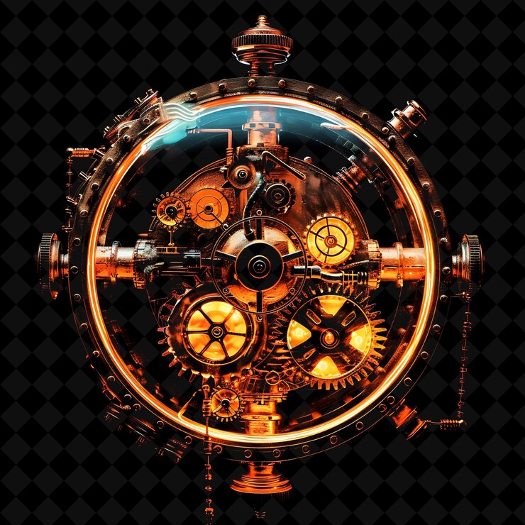 PSD steampunk aether portal con ruedas dentadas y mac con energía de vapor png y2k colección de colores de neón de forma