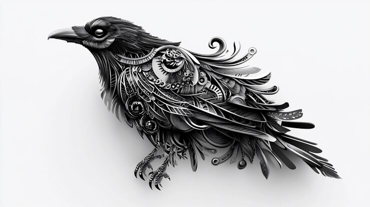 PSD steampunk corbeau oiseau métallique design complexe noir et blanc