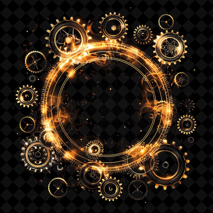 PSD steampunk machinery arcane frame con engranajes y cogues encircl neon color frame colección y2k