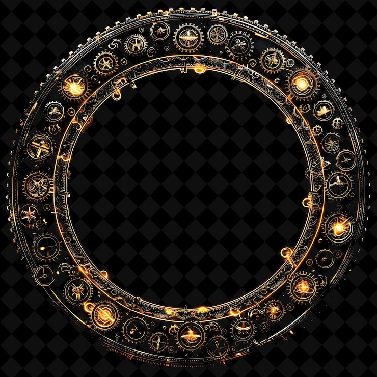 PSD steampunk machinery arcane frame con engranajes y cogues encircl neon color frame colección y2k