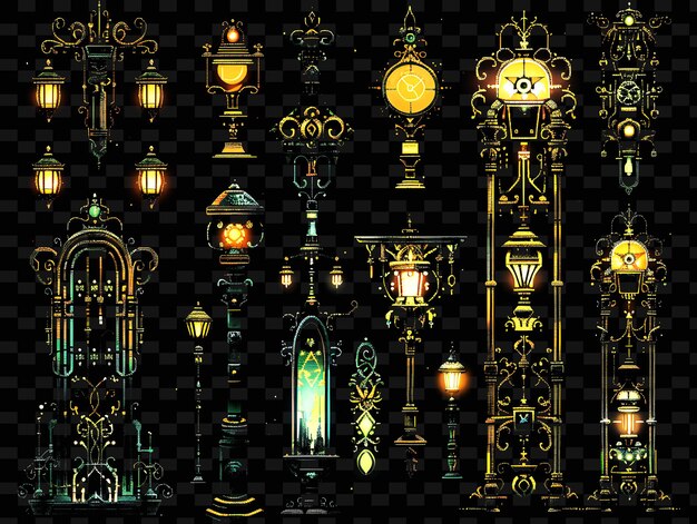 PSD steampunk trellises pixel art con detalles de la era victoriana y textura creativa diseños de artículos de neón y2k