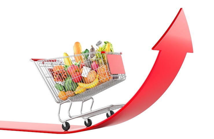PSD steigende supermarktpreise und lebensmittelkosten oder lebensmittelpreisanstieg als kosten für supermarkt lebensmittel als inflation 3d-rendering isoliert auf transparentem hintergrund