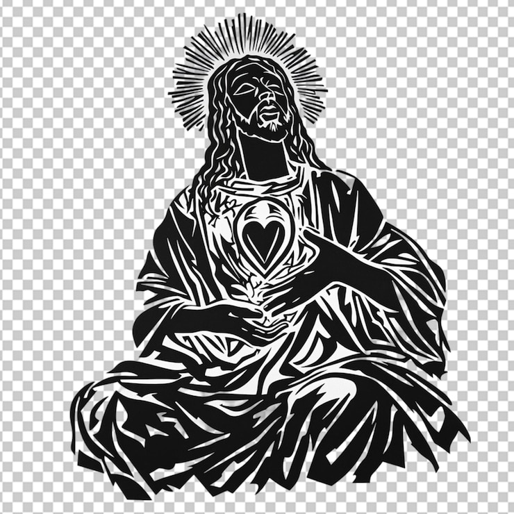 PSD stencil bianco e nero di gesù africano con cuore su sfondo trasparente