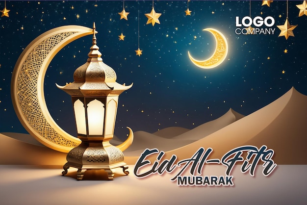 Stendardo moderno per le vacanze islamiche 3D adatto per il Ramadan Una lanterna accesa e una decorazione a mezzaluna