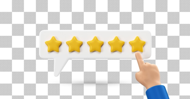 Sternbewertungsbox mit Cartoon-Hand 3D-Render isoliert