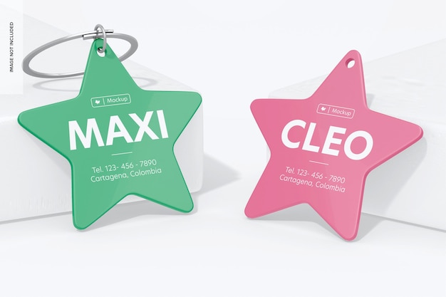 PSD sternförmige pet tags mockup, gelehnt