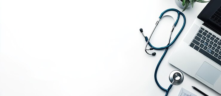 Stethoscope and Laptop on White Desk