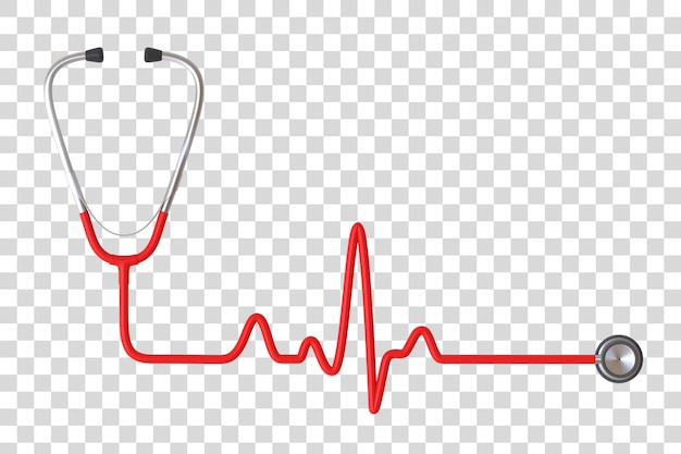 Stethoskop, das eine Herzschlaglinie oder einen Elektrokardiogramm-Puls bildet, isoliert auf weißem Hintergrund 3D