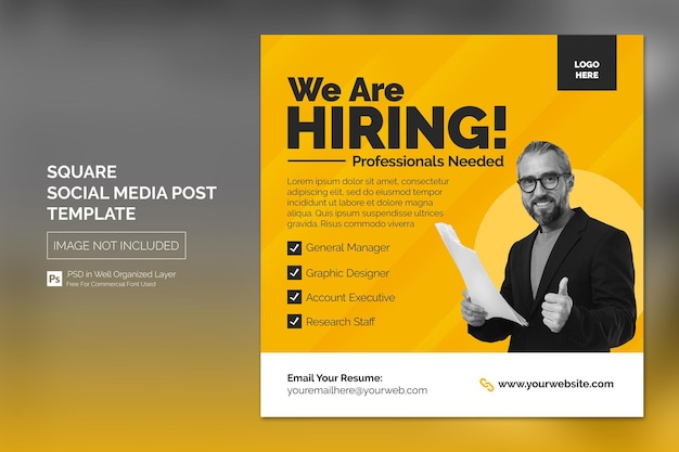 Stiamo assumendo un banner quadrato di posti di lavoro vacanti o un modello di post sui social media
