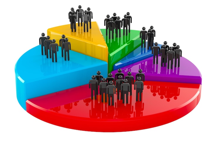 PSD stick-figuren auf kreisdiagramm-schnitten 3d-illustration isoliert auf durchsichtigem hintergrund