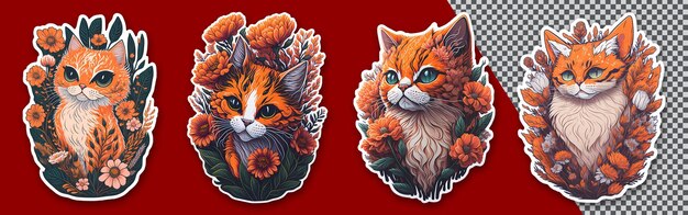 PSD sticker de chat et de fleur avec fond transparent