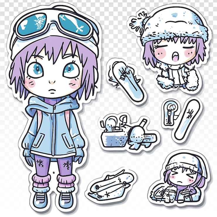 PSD stickers emocionales de chicas hipsters en las actividades de invierno