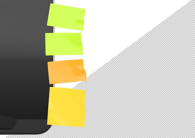 Stickers on computer monitor Paper sticky notes with curly edges for memo and reminders PC screen with blank postit notes or color tags on white background mockup banner close up