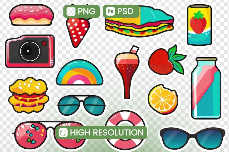 PSD stickers de verano que muestran alimentos, bebidas y accesorios con un tema de arco iris vibrante