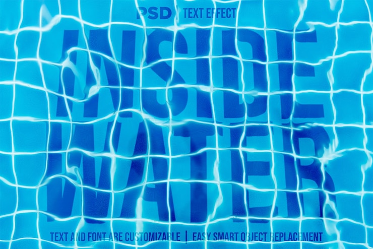 PSD stile del testo dell'acqua della piscina distorto all'interno dell'effetto di testo modificabile dell'acqua