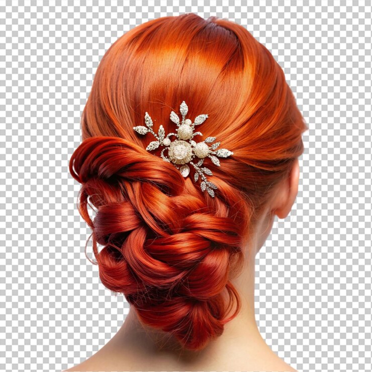 PSD stile di capelli su capelli rossi con accessori per capelli su sfondo trasparente