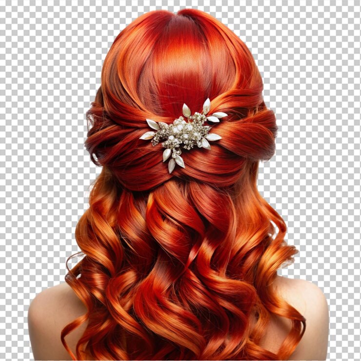 PSD stile di capelli su capelli rossi con accessori per capelli su sfondo trasparente