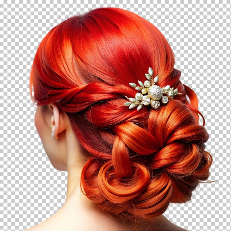 PSD stile di capelli su capelli rossi con accessori per capelli su sfondo trasparente