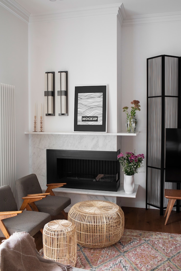 PSD stile di interior design post-moderno con cornici sulla parete