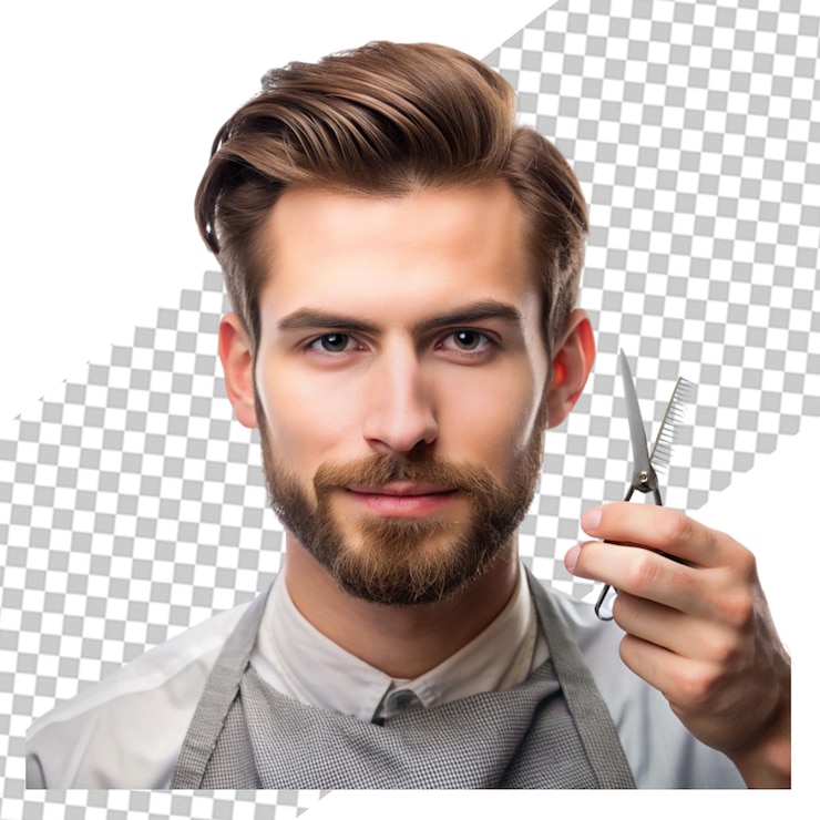 PSD stile fresco close up del cliente del maestro barbiere stilista durante la cura e il nuovo aspetto della acconciatura occupazione professionale bellezza maschile e concetto di cura di sé colori morbidi e attenzione vintage