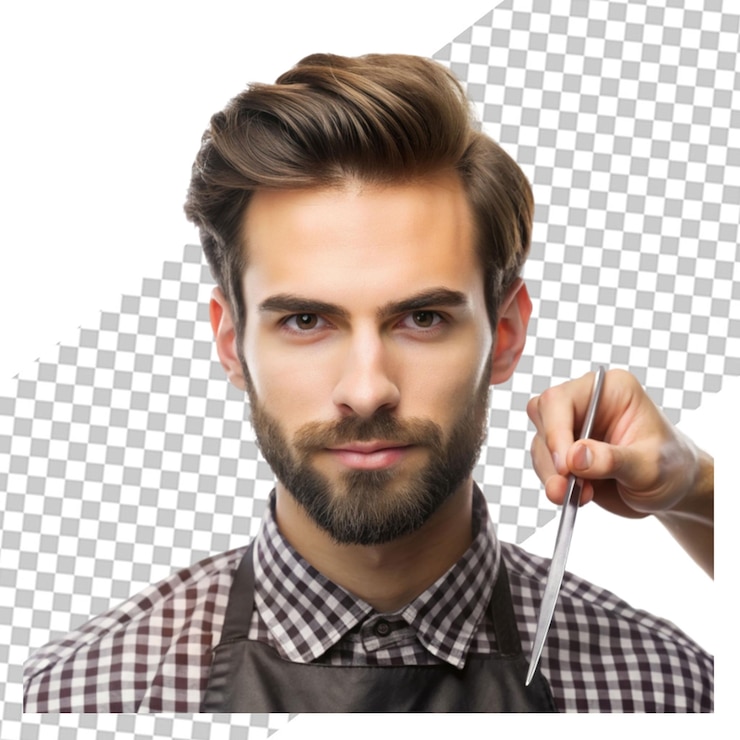 PSD stile fresco close up del cliente del maestro barbiere stilista durante la cura e il nuovo aspetto della acconciatura occupazione professionale bellezza maschile e concetto di cura di sé colori morbidi e attenzione vintage