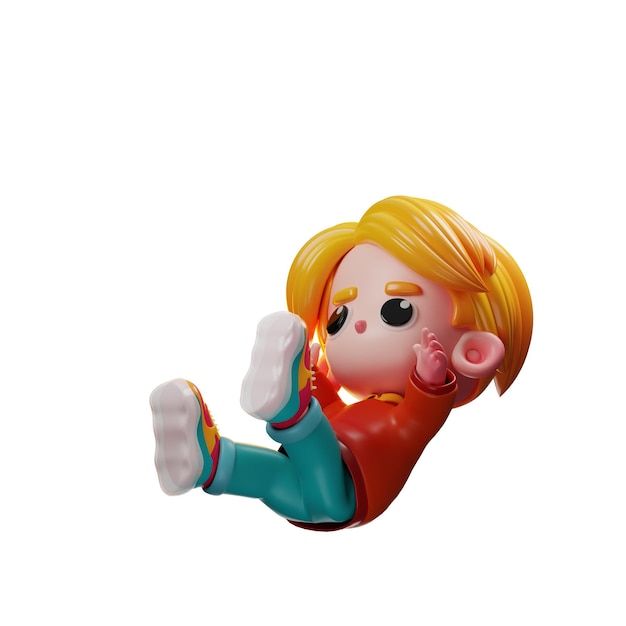Stilvolle 3D-Cartoon-Illustration, die einen Mann in fallender Pose zeigt, der blaue Jeans, einen orangefarbenen Kapuzenpullover und einen Sneaker trägt