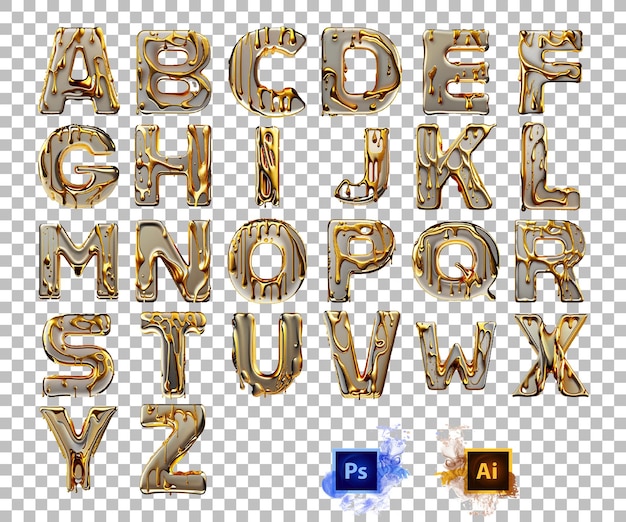 Stilvoller Alphabet-Buchstabe A bis Z glänzender goldener Flüssigkeitstropfen. Buchstabendesign AZ