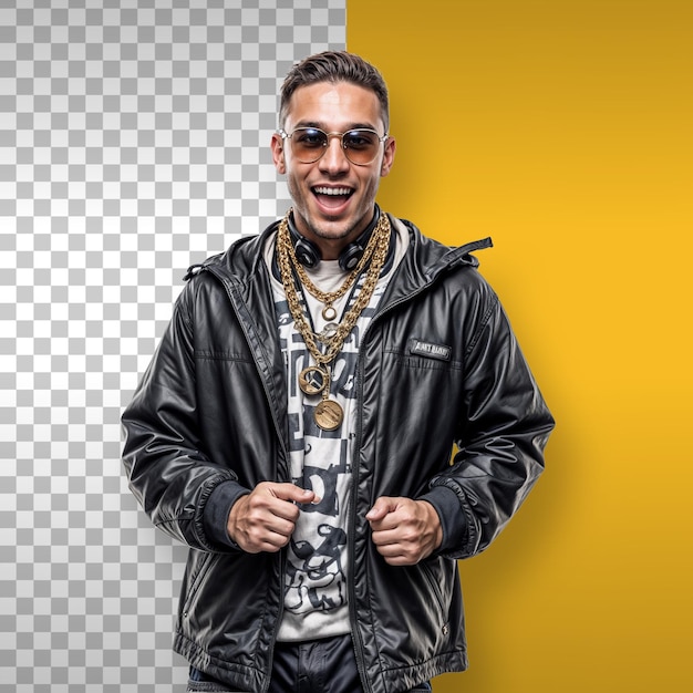 Stilvoller Rapper posiert mit goldenen Ketten und Sonnenbrillen Hintergrund durchsichtig