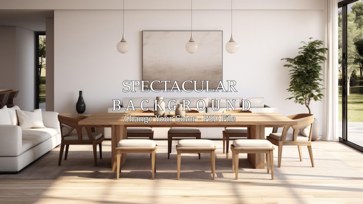 PSD stilvolles und botanisches interieur des esszimmers mit design-holztisch