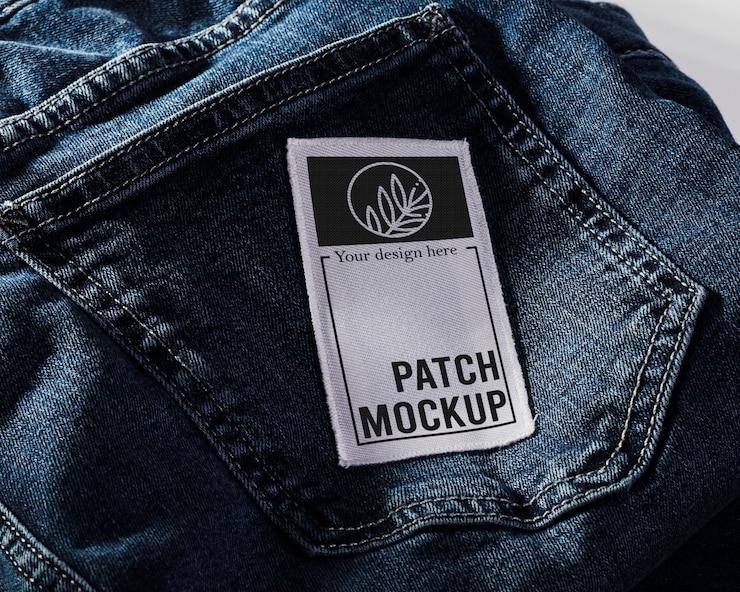 PSD stoffkleidungs-patch-modell auf denim