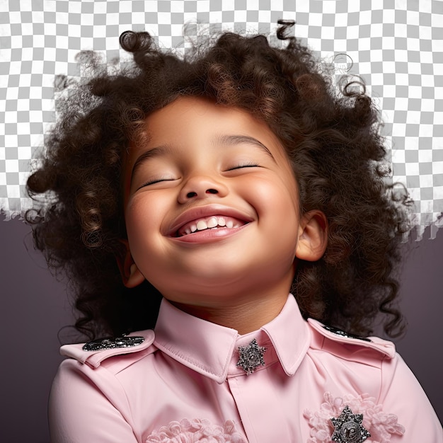 PSD stolzes kind afrikanisches mädchen wellenhaar polizist lächeln mit geschlossenen augen pastell mauve porträt
