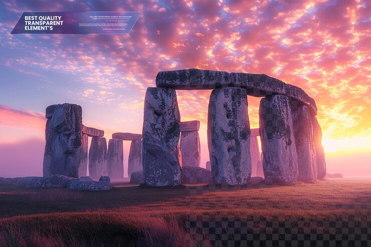PSD stonehenge al amanecer con megalitos imponentes dispuestos sobre un fondo transparente
