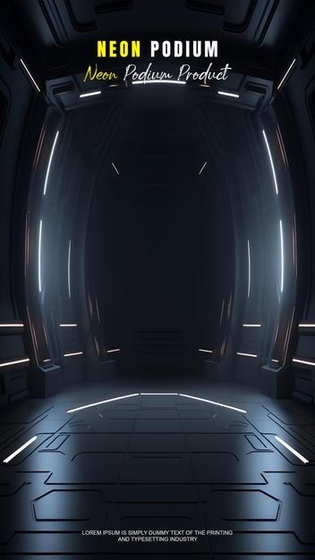 storia futuristica esposizione sul podio modello di presentazione del prodotto con scena di luce al neon prodotto