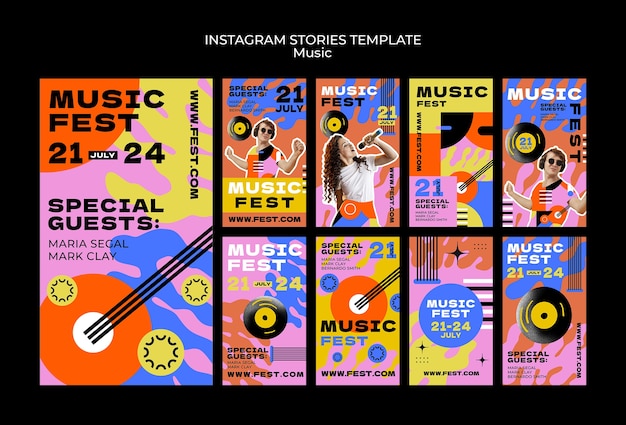 Storie di iinstagram del festival musicale di design piatto