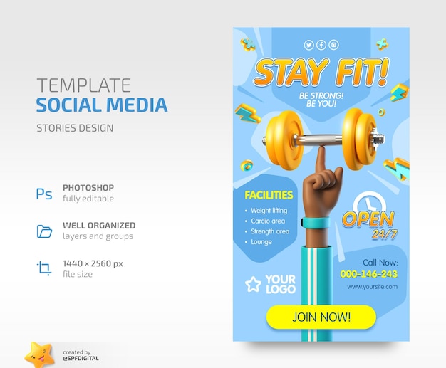 Storie di modelli di social media PSD Mantieniti in forma Peso giallo su un dito su sfondo blu