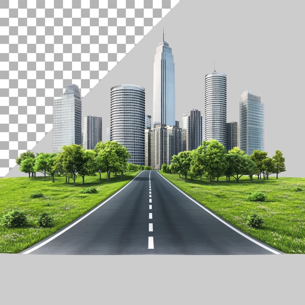 Strada cittadina 3D con edifici e un paesaggio verde isolato su uno sfondo trasparente