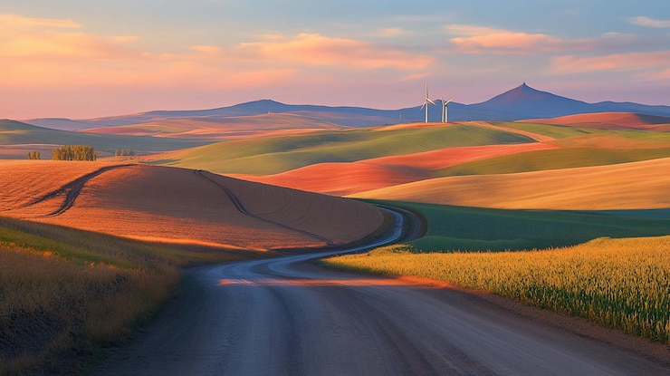 PSD strada tortuosa attraverso colline colorate all'alba