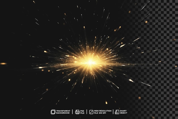Strahlender realistischer goldener Lichtburst Explosion Sterneneffekt auf durchsichtigem Hintergrund