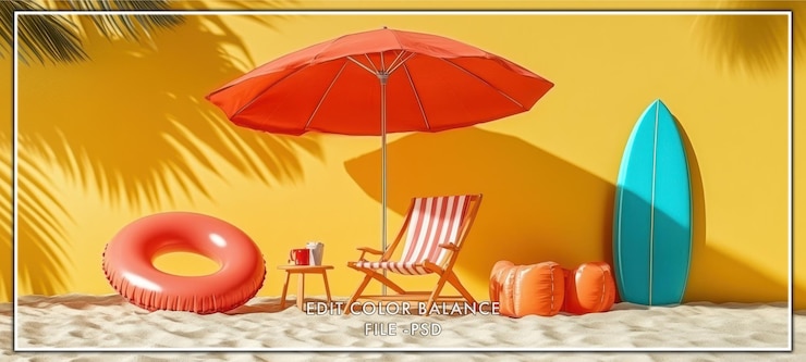 PSD strandszene mit rotem regenschirm, strandstuhl, surfbrett und aufblasbarem ring