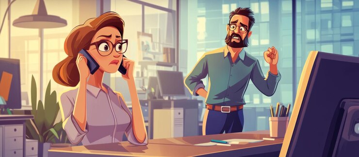 PSD stressed businesswoman on phone call with angry coworker in office