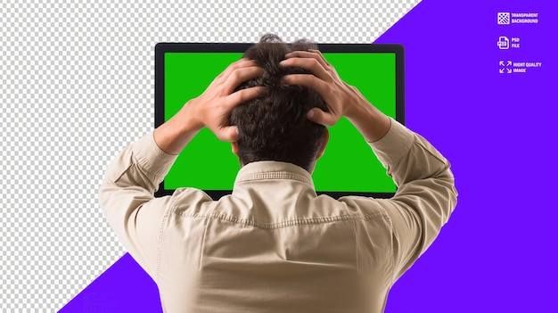 PSD stressiger geschäftsmann hält seinen kopf vor dem computerbildschirm, überwältigt von technologie
