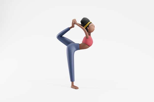 Stretching yoga girl auf isoliertem hintergrund sport yoga und fitness-konzept 3d-illustration zeichentrickfiguren